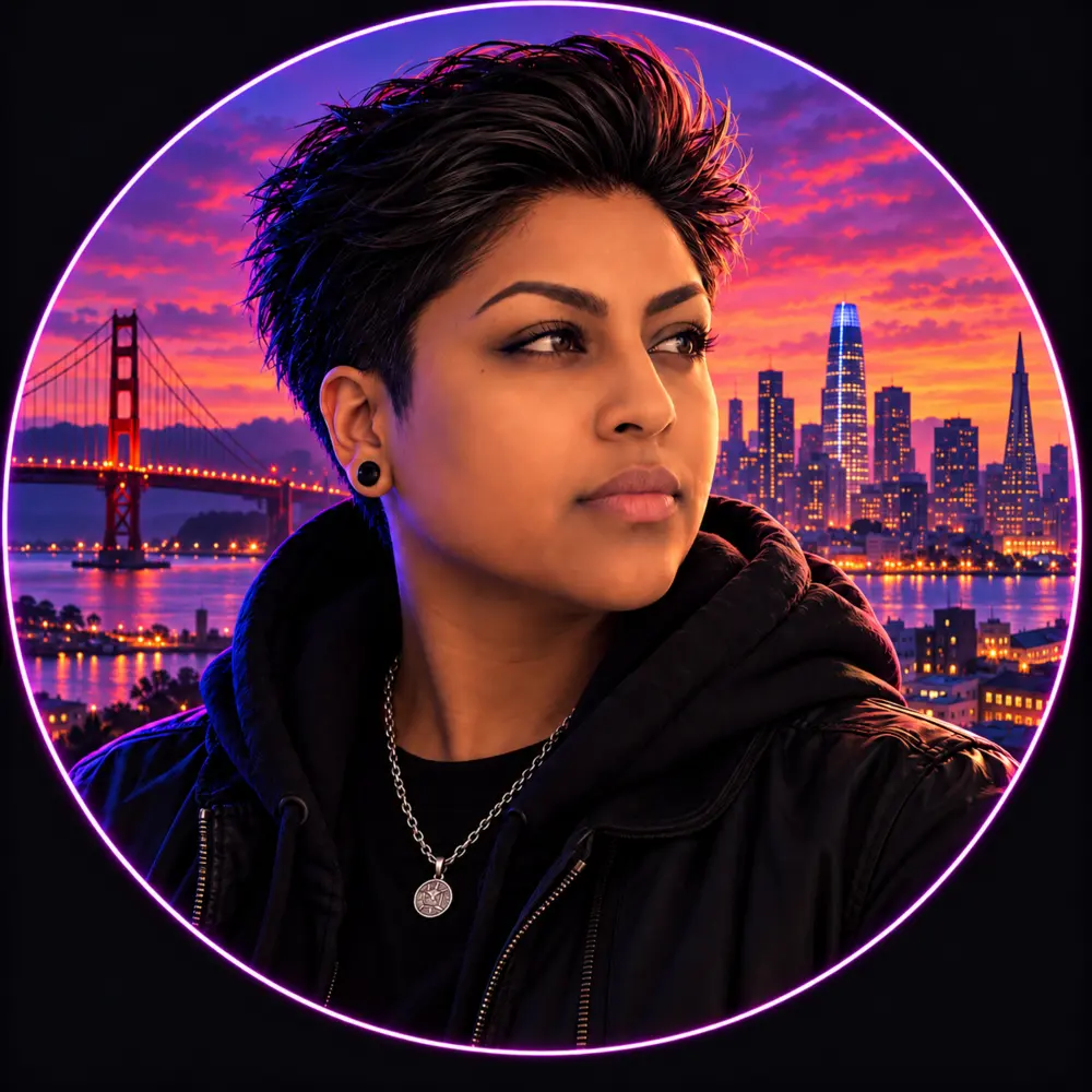 Cyberpunk portrait of Monica Prasad with the San Francisco skyline